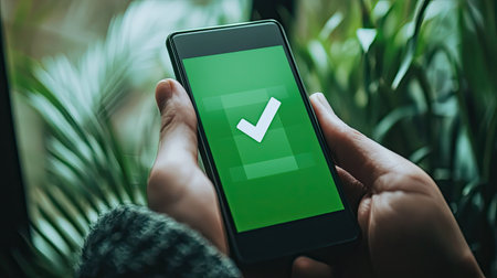 A close-up of hands holding a smartphone displaying a green screen with a check mark, symbolizing success and confirmation in a modern indoor setting with plants.の素材