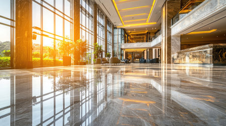 A beautifully designed modern hotel lobby featuring a gleaming marble floor reflecting warm sunlight, creating an inviting and luxurious atmosphere with elegant decor elements.の素材