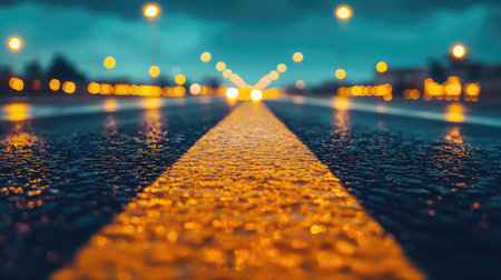 A stunning low-angle view of a highway at dusk, with vibrant yellow lines and soft glow of city lights, creating a serene yet captivating atmosphere.の素材