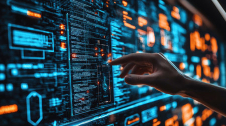 A person interacts with a vibrant digital interface displaying data visualization and analytics. This futuristic technology represents innovation and connectivity in a high-tech environment.の素材