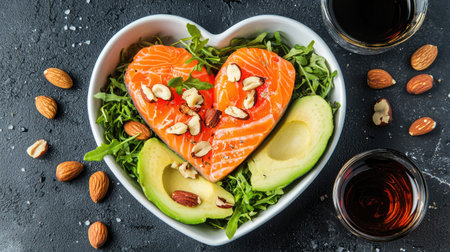 A heart-shaped bowl features vibrant salad with fresh salmon, avocado slices, and mixed nuts. Ideal for promoting healthy eating and romantic dining.の素材