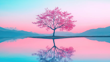 A stunning pink tree stands alone by a tranquil lake at sunrise, creating a beautiful reflection on the calm water. The vibrant colors inspire peace and serenity.の素材
