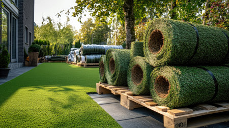 Fresh green grass rolls lie on pallets beside a modern home, showcasing a vibrant landscape in the sunny outdoor space perfect for gardening and landscaping projects.の素材