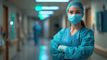 A focused female nurse stands confidently in a hospital corridor, dressed in scrubs and a mask. The setting emphasizes healthcare professionalism and safety.の素材