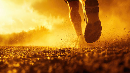 A close-up view of a runner's foot striking the ground at sunset, creating a dust cloud. The warm tones convey energy and motion in a beautiful outdoor setting.の素材