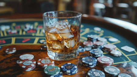 A glass of whiskey with ice sits atop a casino table, surrounded by colorful poker chips. The scene captures the essence of gambling and nightlife, inviting excitement.の素材