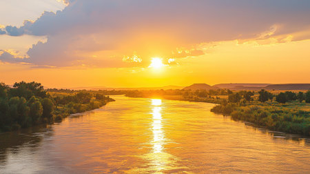 A stunning sunset reflects on a calm river, creating serene scenery. The vibrant sky features hues of orange and yellow, with lush greenery along the banks.の素材