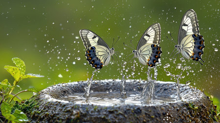 Three elegant butterflies dance over a stone dish filled with sparkling water droplets, capturing a moment of beauty in a serene natural setting.の素材