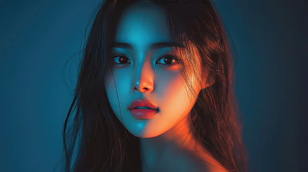 A stunning portrait featuring a woman with glowing skin under soft blue lighting, capturing her beauty and serene expression in an artistic close-up shot.の素材