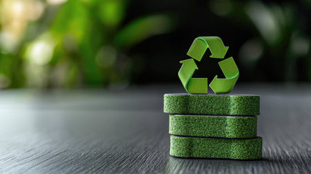 A vibrant green recycling symbol stands on eco-friendly materials, symbolizing sustainability and environmental awareness in a natural setting, promoting eco-conscious practices.の素材