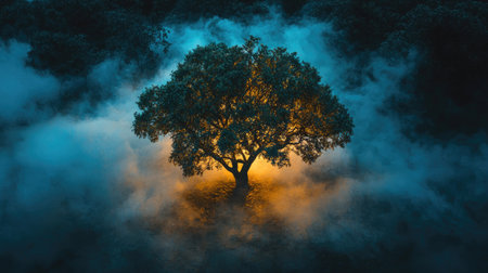A solitary tree stands illuminated by a warm glow amidst a swirling fog, creating an enchanting and mystical nighttime scene. Perfect for nature and mood themes.の素材