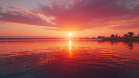 Experience the tranquility of a stunning sunset over calm waters, with vibrant hues reflecting beautifully on the surface, creating a perfect serene landscape.の素材
