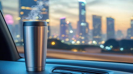 A sleek coffee mug rests on a car dashboard, steam rising as the city skyline glows at sunset. Perfect for capturing urban travel vibes and cozy moments.の素材