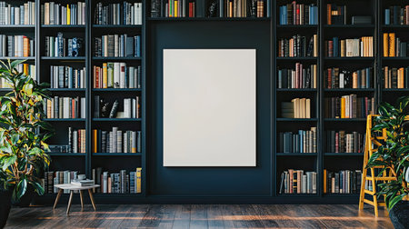 A cozy home library featuring a large bookshelf filled with books, a ladder for access, and an empty canvas surrounded by lush green plants, creating a tranquil reading space.の素材