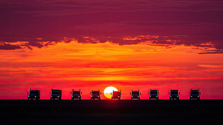 A striking image of trucks silhouetted against a vibrant sunset, showcasing a blend of orange, purple, and red hues in the sky, perfect for conveying themes of transportation and nature.の素材