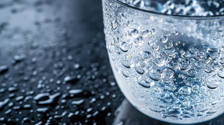 A stunning close-up perspective of water droplets on a clear glass bowl, highlighting the refreshing liquid beneath and the intricate textures of condensation, perfect for conveying a sense of purity and freshness.の素材