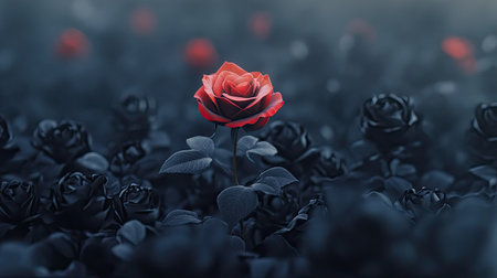 A striking red rose stands out amid a dark field of black roses, creating a captivating contrast. This enchanting floral arrangement evokes beauty and emotion in a moody setting.の素材