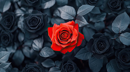 A striking composition featuring a bright red rose amidst dark roses and lush green leaves. This image captures beauty, contrast, and elegance in nature.の素材