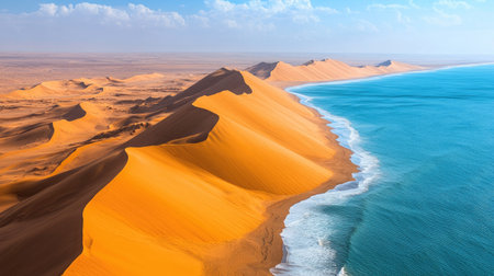 A stunning aerial view of golden sand dunes meeting a turquoise ocean under a clear blue sky, showcasing the beauty of nature in a tranquil coastal desert landscape.の素材