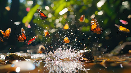 A stunning scene capturing colorful butterflies in motion above a sparkling water splash. This vibrant display in nature showcases the beauty and freedom of wildlife, evoking a sense of serenity and harmony.の素材
