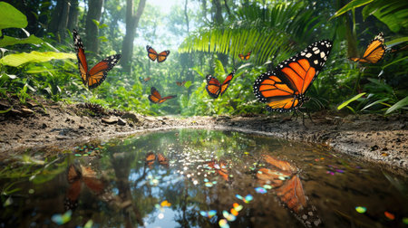 A stunning display of butterflies fluttering around a tranquil pool in a lush forest, capturing the beauty of nature and its vibrant ecosystems.の素材