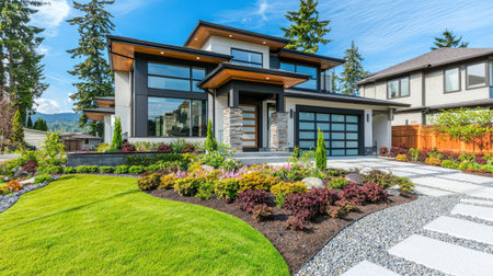A stunning modern suburban house features large windows, unique architecture, and a beautifully landscaped yard, perfect for those seeking contemporary elegance.の素材