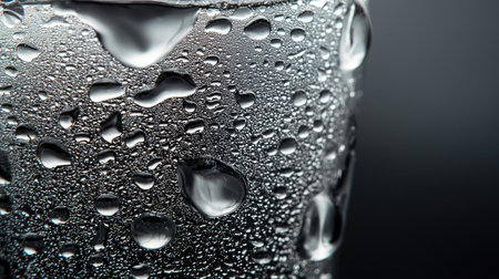 Close-up view of a glass with water droplets, showcasing condensation and texture against a dark background. Ideal for themes of refreshment and hydration.の素材