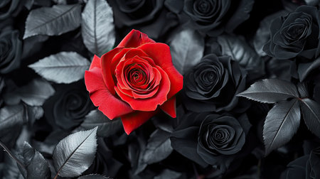 A striking red rose stands out amidst a backdrop of black roses and leaves, creating a visually stunning contrast that symbolizes love and elegance. Perfect for various themes.の素材