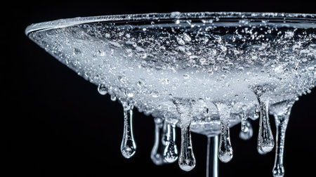 A close-up image capturing bubbles and water droplets cascading from a clear glass. The delicate foam and splashes create a refreshing and elegant atmosphere.の素材