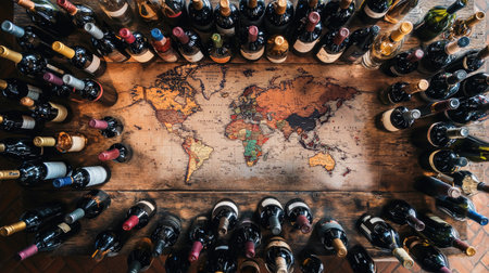 A stunning display of wine bottles encircling a detailed world map on a rustic wooden table, capturing the essence of global connection and celebration.の素材