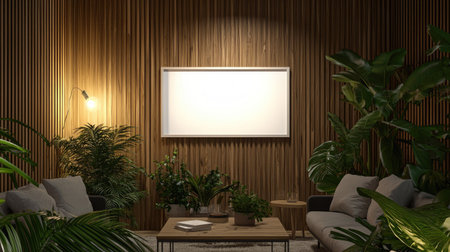 A serene living room featuring a minimalist wall art display and lush green plants. The cozy atmosphere is enhanced by wooden walls and modern decor.の素材