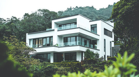 A stunning modern white house sits elegantly within lush greenery. This contemporary design harmonizes with the natural landscape, creating a tranquil living environment.の素材