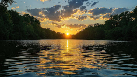 Captivating sunset over a serene river, with vibrant clouds and reflections in the water. Ideal for nature lovers seeking tranquility and beauty.の素材