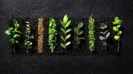A stunning arrangement of various fresh herbs and plants set against a dark textured background. Ideal for themes of nature, gardening, and healthy living.の素材