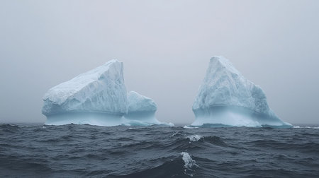 Two majestic icebergs rise dramatically from the calm ocean waters, shrouded in a mystical fog. This serene landscape captures the beauty and mystery of nature in cold regions.の素材