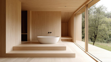 A contemporary bathroom featuring a minimalist design with wood accents and abundant natural light. The space offers a relaxing ambiance with a spacious layout.の素材