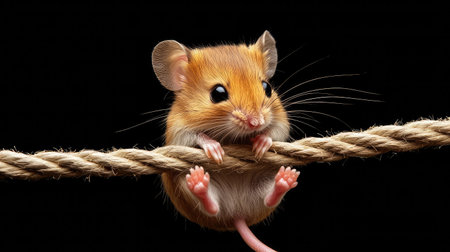 A charming mouse clings to a rope, showcasing its furry texture and curious expression against a dark background. A delightful wildlife image.の素材