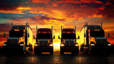 Dramatic silhouette of three trucks against a vibrant sunset, capturing the essence of transportation and logistics in a stunning outdoor setting.の素材