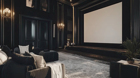 A stylish home theater featuring black decor, plush seating, and an oversized screen, perfect for movie nights or relaxation in a luxurious setting.の素材