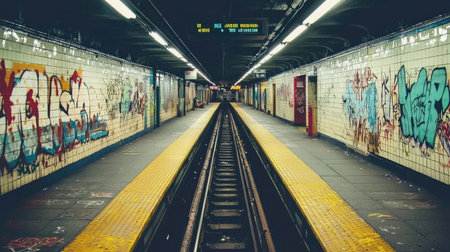 An empty subway platform showcases vibrant graffiti on the walls and sleek train tracks. The image captures the essence of urban life and transportation in a modern city setting.の素材
