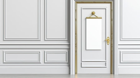 This image features an elegant white door with a decorative frame, perfect for showcasing signage. The clean lines and minimalistic design enhance any interior space's aesthetic appeal.の素材