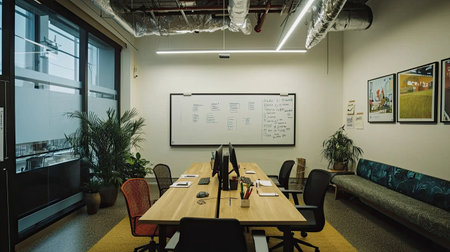 A modern office space featuring a collaborative meeting area, sleek furniture, creative decor, and lush plants. Ideal for teamwork, innovation, and productivity.の素材