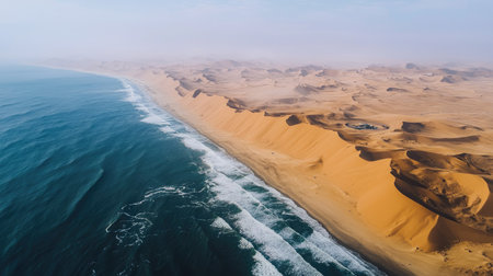 Stunning aerial view showcasing the impressive contrast between golden sand dunes and the deep blue ocean. A perfect blend of nature's beauty.の素材