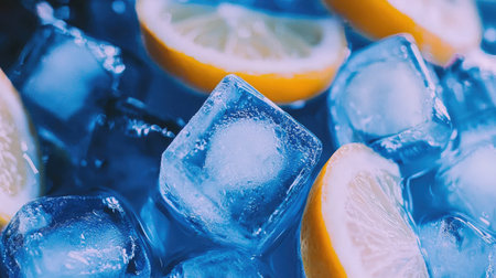 Close-up of fresh lemon slices and ice cubes resting in a cool drink, capturing the essence of summer refreshment and thirst-quenching moments.の素材