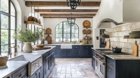A beautifully designed modern kitchen featuring navy blue cabinets, rustic wood beams, and ample natural light, perfect for cooking and entertaining.の素材