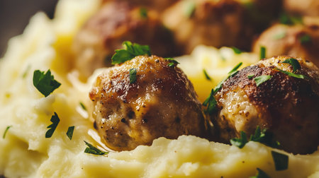 Indulge in this hearty meal featuring juicy meatballs nestled on a bed of creamy mashed potatoes, garnished with fresh parsley for added flavor. Perfect for any dinner setting.の素材