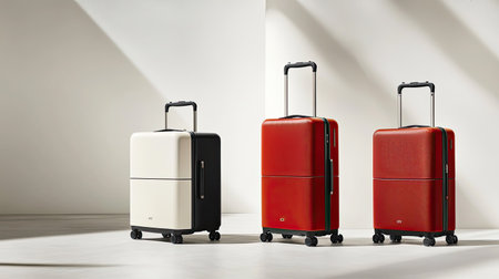 A collection of stylish luggage sets showcasing modern design and vibrant colors. Ideal for travelers seeking a blend of form and function for their journeys.の素材