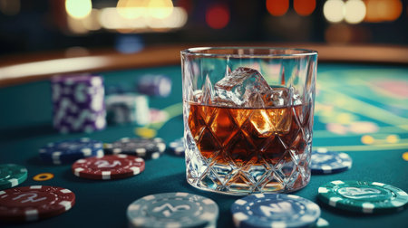 A close-up of a cocktail glass with ice resting on a casino table, surrounded by vibrant poker chips. Ideal for capturing the essence of nightlife and indulgence.の素材
