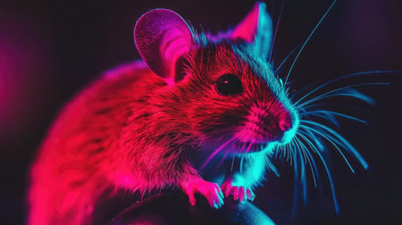 This striking close-up features a mouse illuminated by vibrant neon lights, showcasing its whiskers and fur in stunning detail against a dark background.の素材