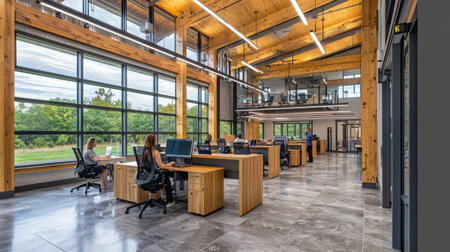 Bright and spacious modern office interior featuring large windows, wooden elements, and sleek furniture, creating an inviting environment for collaboration and productivity.の素材